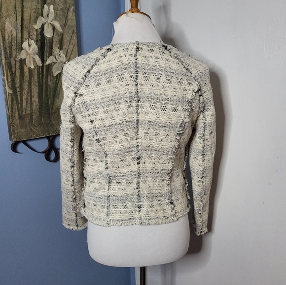 ZARA Tweed Jacket 6 Silver White Snap Front Fraying Zippered Pockets - Picture 4 of 5